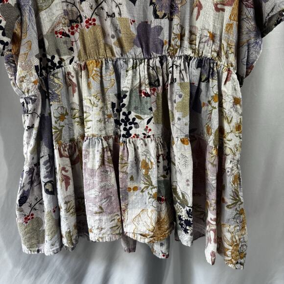 Arula Womens Top size X Floral Gray Boho Tiered Short Sleeve Blouse Hippie Art - Picture 4 of 9